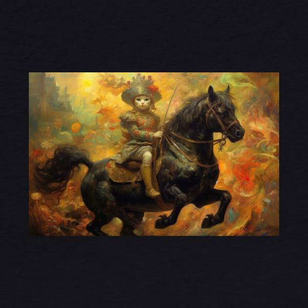 Cat Riding A Black Stallion Fine Art Painting by JensenArtCo